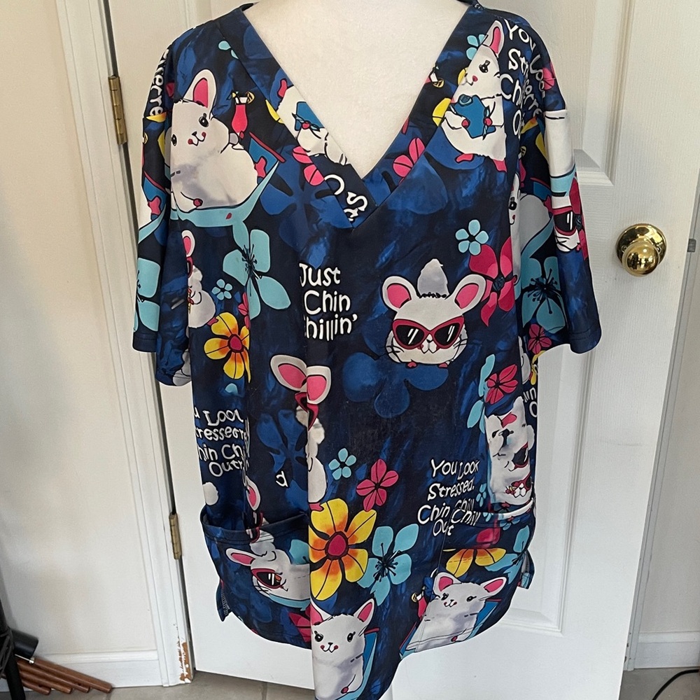 Colorful Cartoon Print Scrub Top 2xl